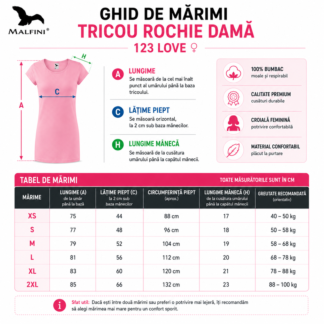 Ghid de mărimi tricou lung tip rochie damă Malfini Love 123 XS S M L XL 2XL